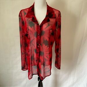 Susan Lawrence semi sheer red and black floral blouse Size L/XL